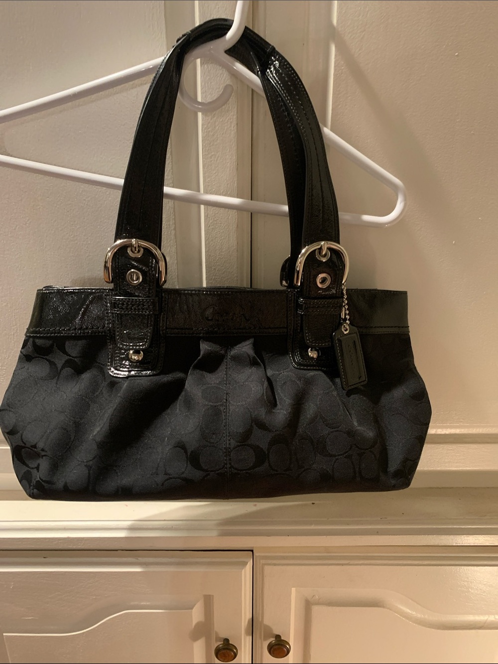 Coach Black Signature Shoulder Bag with Patent Trim